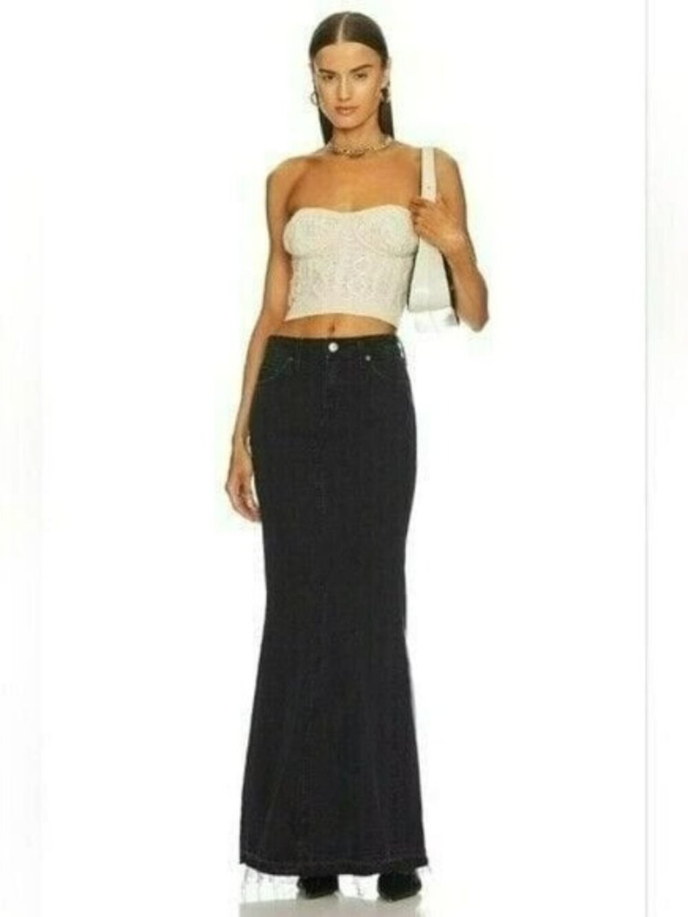 GRLFRND The Stella Low Rise Ultra Flare Black Denim Maxi Skirt in 25 NWT